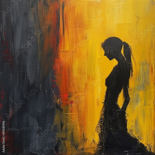 An oil hand-painted silhouette of a girl walking. Yellow and black © Iatskevich