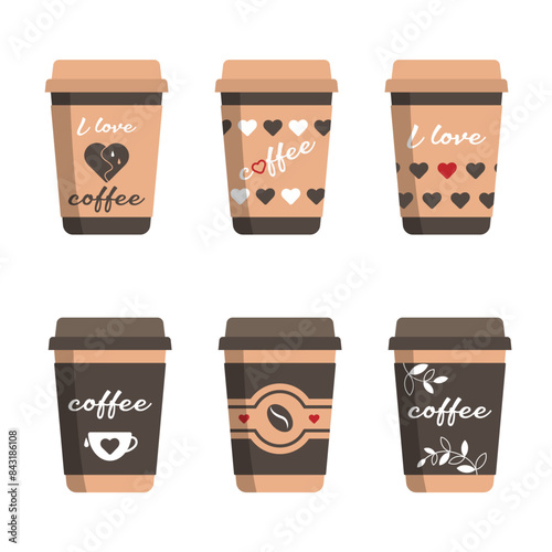 Vector set of disposable paper cups for coffee