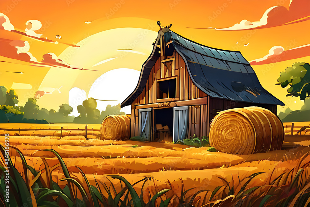 Cartoon barn design nestled on an idyllic farm setting, vibrant straw ...