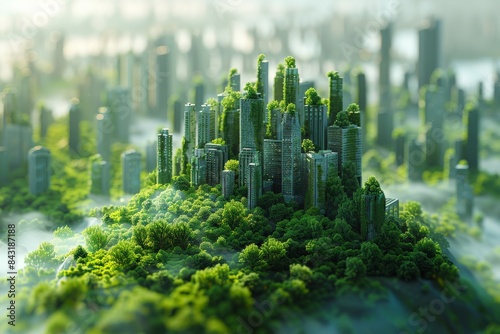 Green city with skyscrapers, technology, sustainable architecture, futuristic urban environment photo