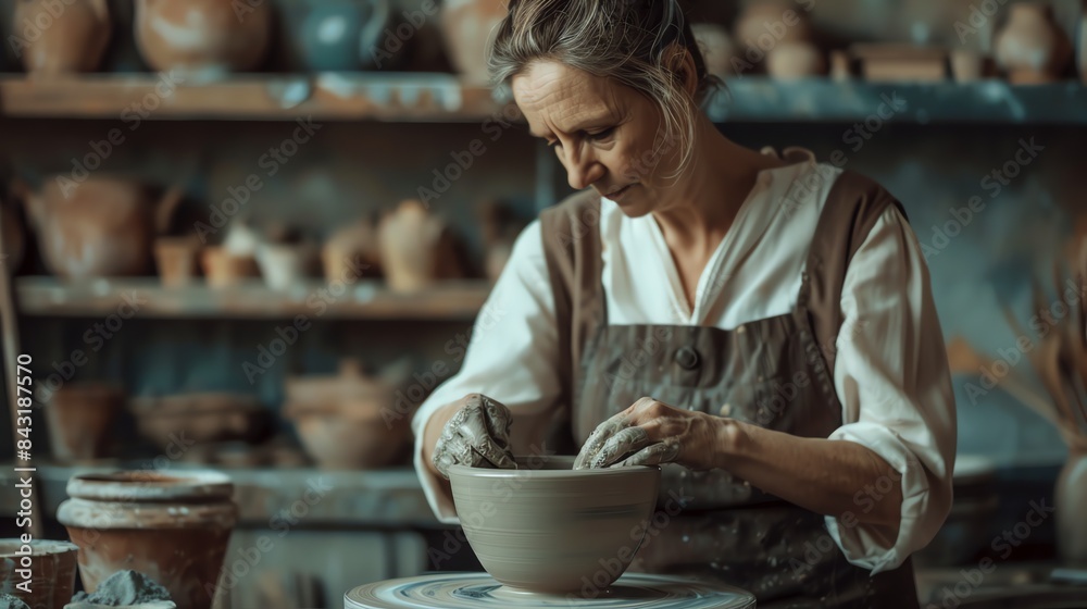 A female potter is hard at work in her studio, carefully shaping a bowl on her pottery wheel. She is focused on her craft. A female potter is hard at work in her studio, carefully shaping a bowl on her pottery wheel. She is focused on her craft.