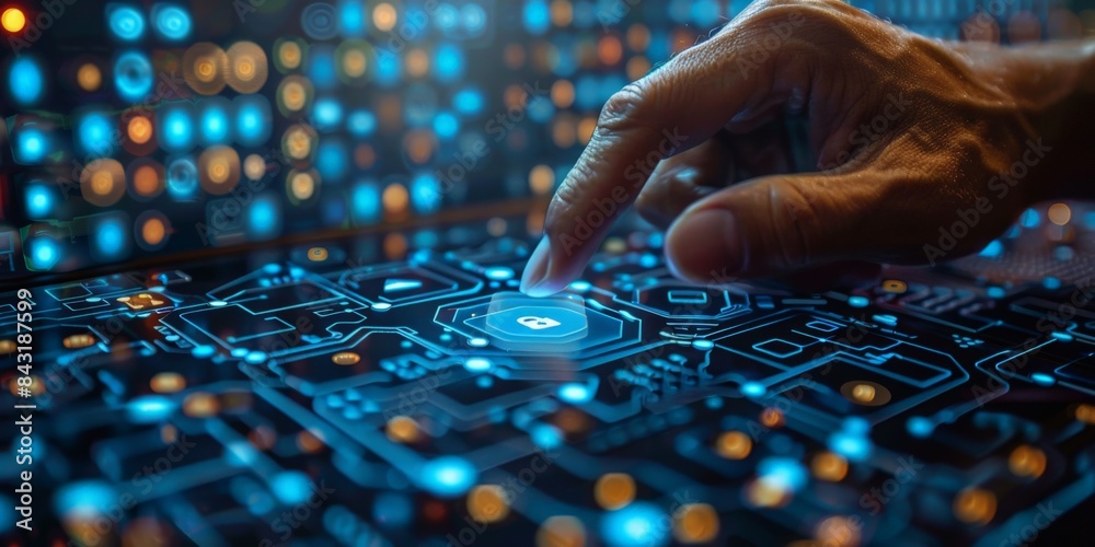 A human hand interacts with a futuristic digital interface in an envisioned setting A human hand interacts with a futuristic digital interface in an envisioned setting