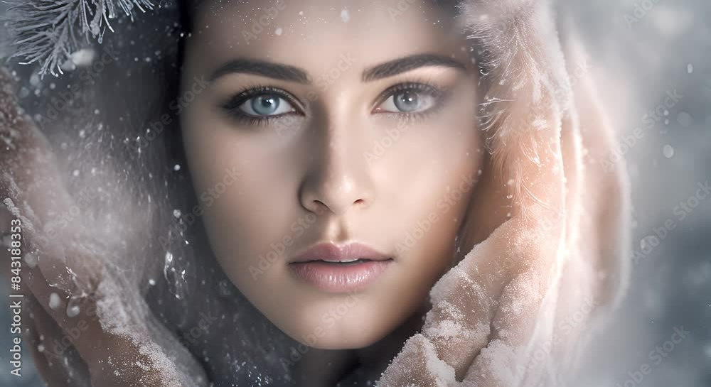 A womans face is blank covered in snow and ice motion 4k A womans face is blank covered in snow and ice motion 4k