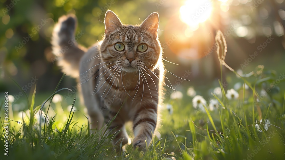 A beautiful cat is walking in a green field of grass. The cat is in the center of the image and is looking at the camera. A beautiful cat is walking in a green field of grass. The cat is in the center of the image and is looking at the camera.