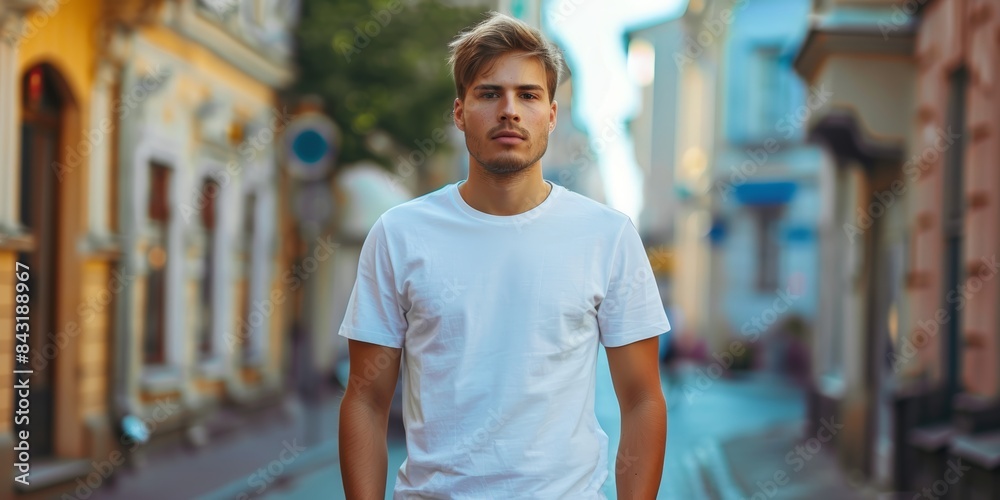 Man Wearing White T-Shirt In City Street. Generative AI
