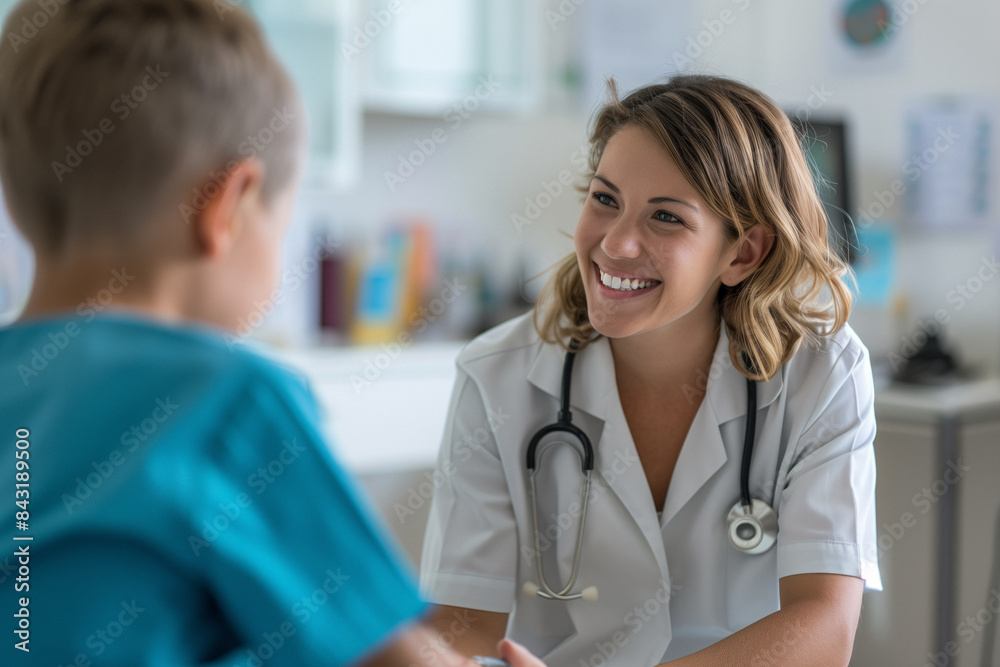A caring nurse with a stethoscope around her neck smiles warmly at a happy child during a check-up in a brightly lit medical office. The interaction exudes comfort and trust. A caring nurse with a stethoscope around her neck smiles warmly at a happy child during a check-up in a brightly lit medical office. The interaction exudes comfort and trust.