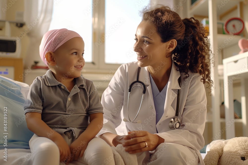 A female doctor is sitting next to a young child with cancer wearing a pink headscarf. They are smiling at each other, creating a warm and supportive atmosphere in a brightly lit hospital room. A female doctor is sitting next to a young child with cancer wearing a pink headscarf. They are smiling at each other, creating a warm and supportive atmosphere in a brightly lit hospital room.