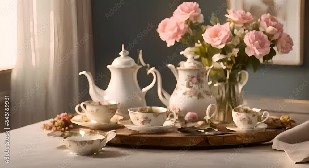 A close up of a table with a vase of flowers and teapots 4k A close up of a table with a vase of flowers and teapots 4k