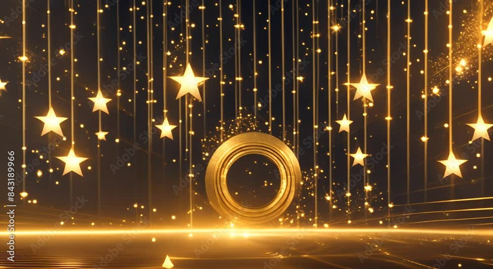Abstract of award party stage golden stage glitter animation stars lights and particles Luxury gold light streak Particle luxury awards ceremony background Oscar awards performance 4k