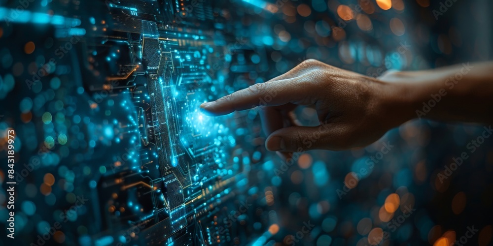 A hand is interacting with a button on a hightech display A hand is interacting with a button on a hightech display
