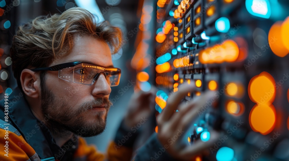 A man sporting eyewear is engaged in server maintenance at a data center A man sporting eyewear is engaged in server maintenance at a data center