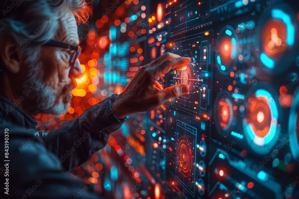 Man in glasses looks at futuristic screen in dark room, electric blue glow Man in glasses looks at futuristic screen in dark room, electric blue glow