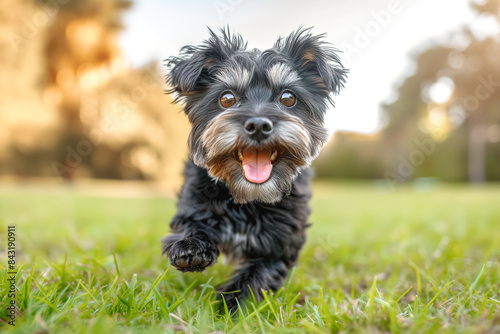 Energetic Black Dog Running in Grass