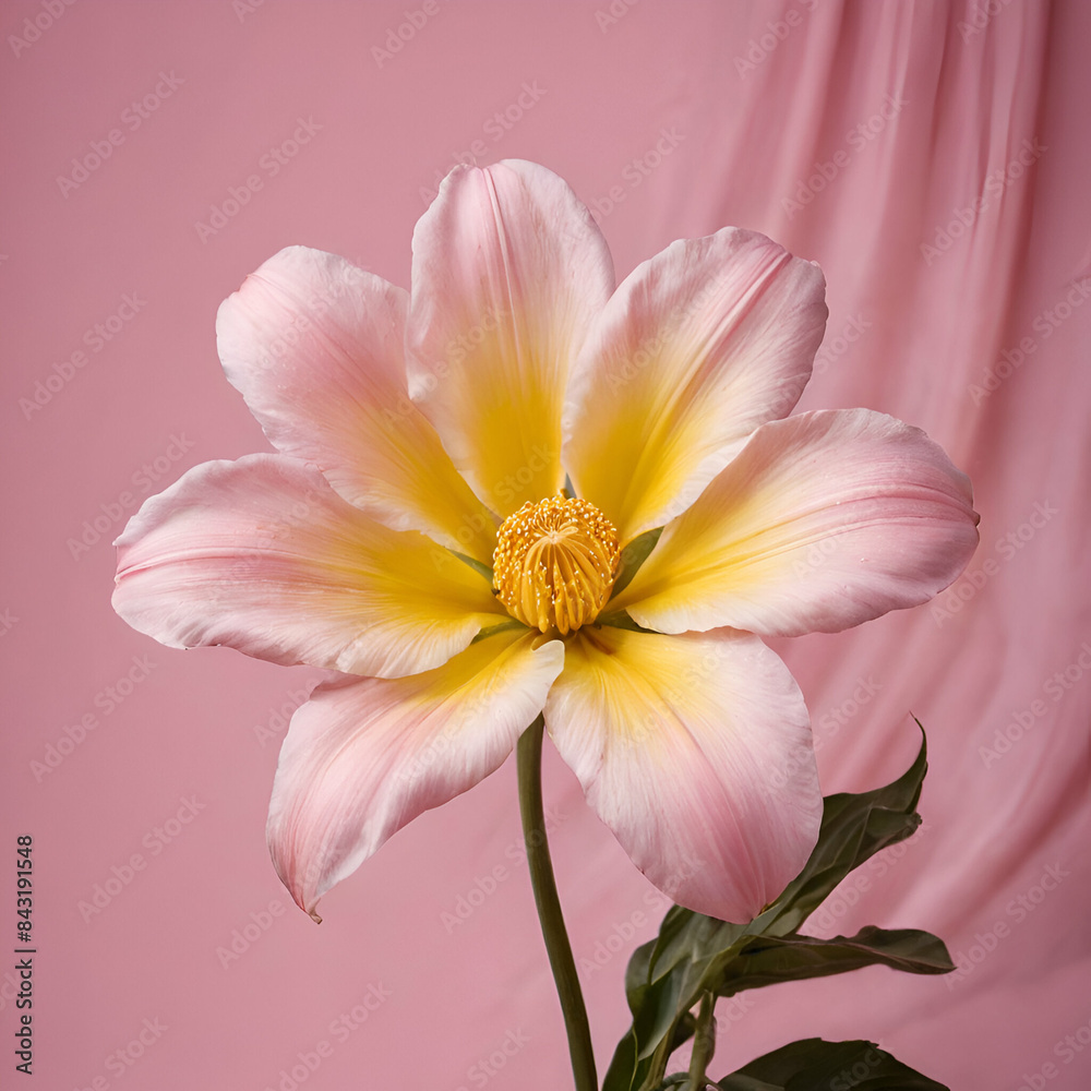 A delicate pink peony with soft petals and a yellow center against a complementary pink fabric background. Minimal floral pattern. Concept of love. Copy space. A delicate pink peony with soft petals and a yellow center against a complementary pink fabric background. Minimal floral pattern. Concept of love. Copy space.