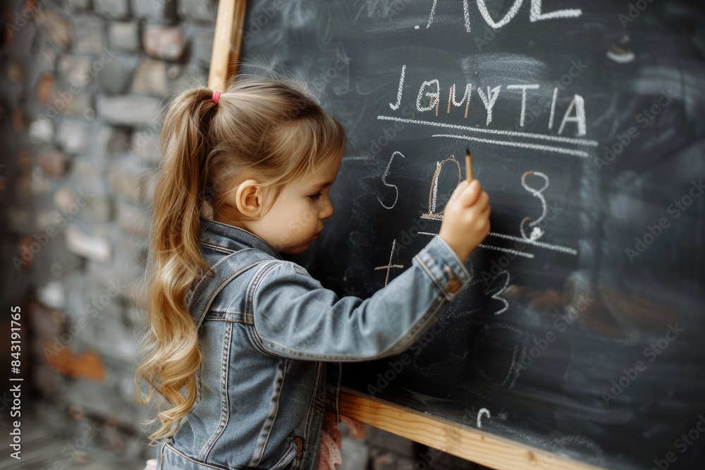 Cute little girl writing ABC on blackboard 