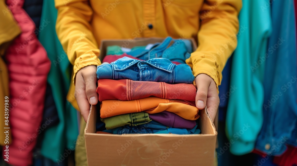 A young woman holding a box of donated clothes. She is wearing a yellow jacket and has her hands on the box. The box is full of colorful clothes. A young woman holding a box of donated clothes. She is wearing a yellow jacket and has her hands on the box. The box is full of colorful clothes.