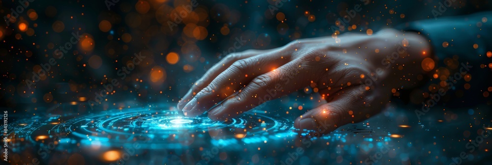 A person s hand pressing a button on a futuristic screen A person s hand pressing a button on a futuristic screen