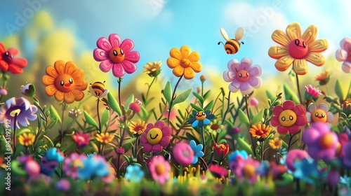 A beautiful day in a field of flowers. The flowers are all different colors and shapes, and they are all in bloom.