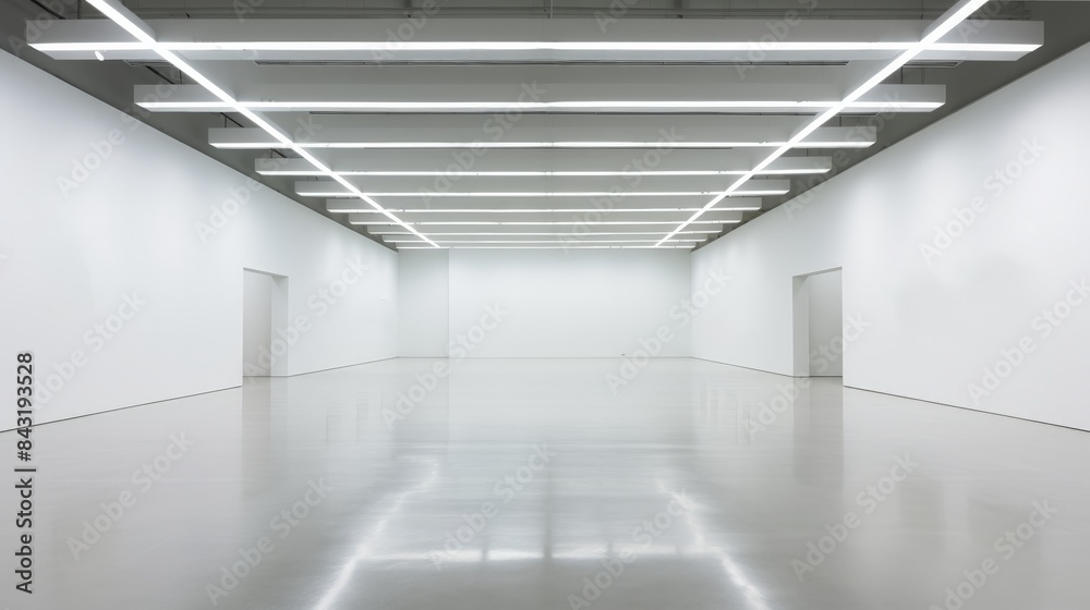 Empty modern white gallery room with sleek lighting and reflective floor, perfect for exhibitions or contemporary art display. Empty modern white gallery room with sleek lighting and reflective floor, perfect for exhibitions or contemporary art display.