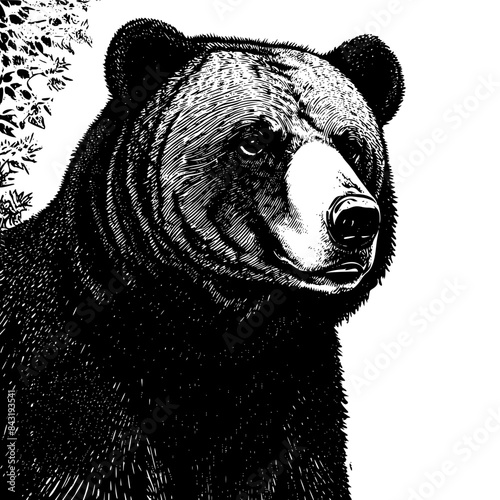 cartoon bear head in style of linocut engraving, woodcut, black and white, white background.	
