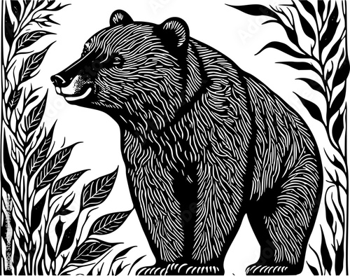illustration of bear standing on the ground in style of linocut engraving, woodcut, black and white, white background.	