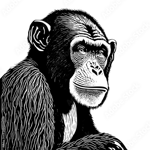 cartoon ape monkey head in style of linocut engraving, woodcut, black and white, white background.	