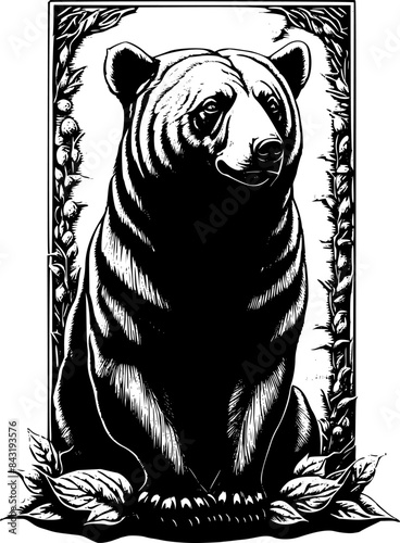 bear head figure statue as a hunting trophy award souvenir in black ink linocut sketch