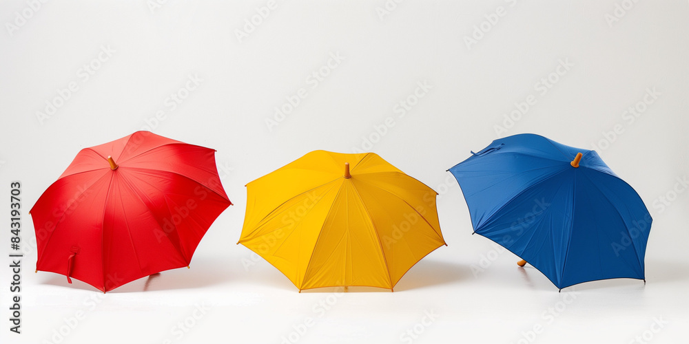 three colorful umbrellas stretched out against a white background, showcasing their vibrant colors and design. three colorful umbrellas stretched out against a white background, showcasing their vibrant colors and design.