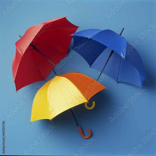 three colorful umbrellas stretched out against a blue background  highlighting their vibrant colors and striking contrast
