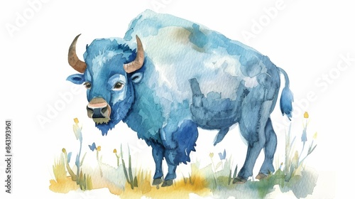 A watercolor painting of a blue bison standing in a field of grass