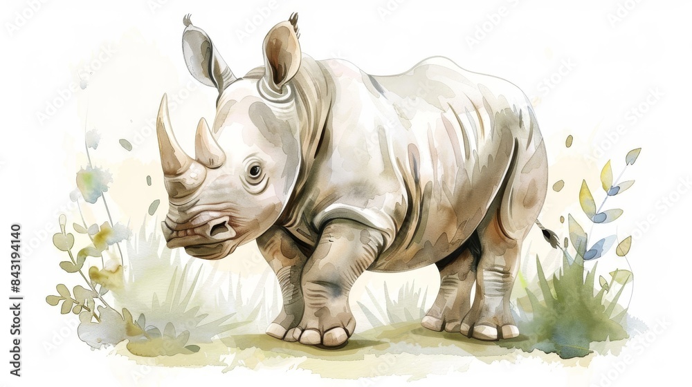 Obraz premium A watercolor painting of a rhinoceros in a grassy field