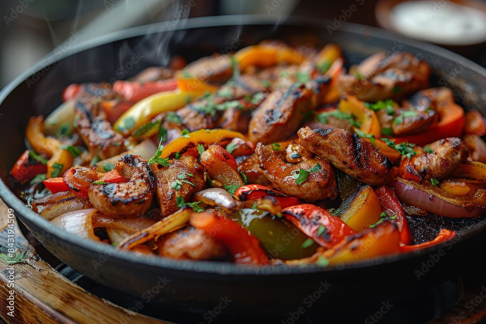 A sizzling skillet of fajitas with peppers and onions. Concept of Mexican cuisine and flavorful dishes. Generative Ai. A sizzling skillet of fajitas with peppers and onions. Concept of Mexican cuisine and flavorful dishes. Generative Ai.