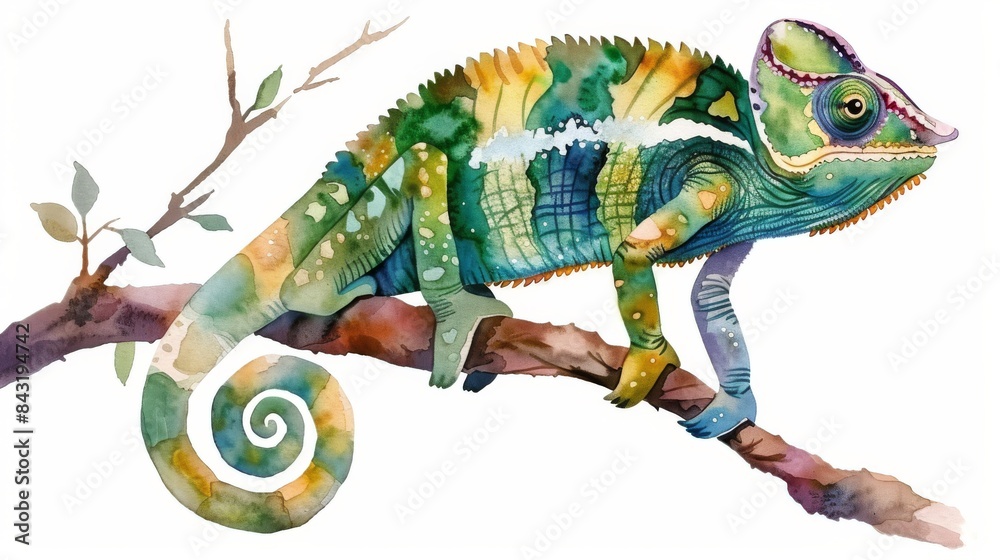 Obraz premium watercolor chameleon on a branch