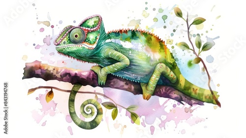 watercolor chameleon on a branch with leaves and flowers