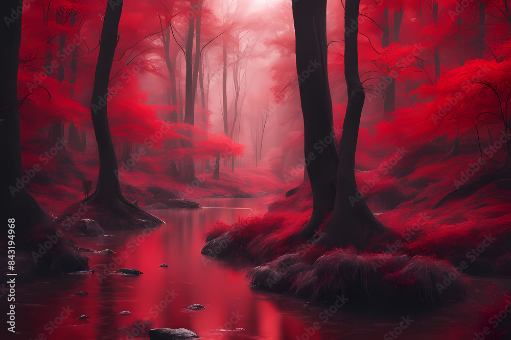 Fototapeta premium Charming red forest scene with vibrant foliage, featuring blurred natural scenery in the background, capturing the tranquility and beauty of nature