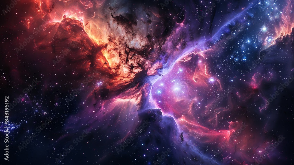 Fototapeta premium This is a mesmerizing space image of a colorful nebula. The vibrant hues of purple, pink, and blue create a sense of awe and wonder.