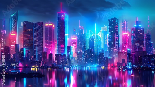 Wallpaper Mural A vibrant cityscape with a river in the foreground. The city is full of skyscrapers and bright lights. Torontodigital.ca