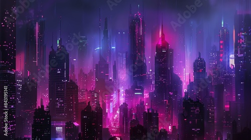 A stunning digital painting of a cyberpunk city at night. The city is full of tall skyscrapers and bright lights.