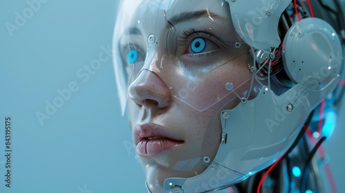 Detailed close-up of a female-looking robot with blue eyes and intricate mechanical design symbolizing advanced technology © familymedia