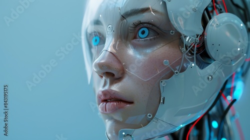 Detailed close-up of a female-looking robot with blue eyes and intricate mechanical design symbolizing advanced technology