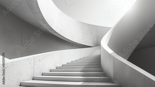 The image is a photograph of a modern staircase with a curved design. The staircase is made of white concrete and has a minimalist aesthetic.
