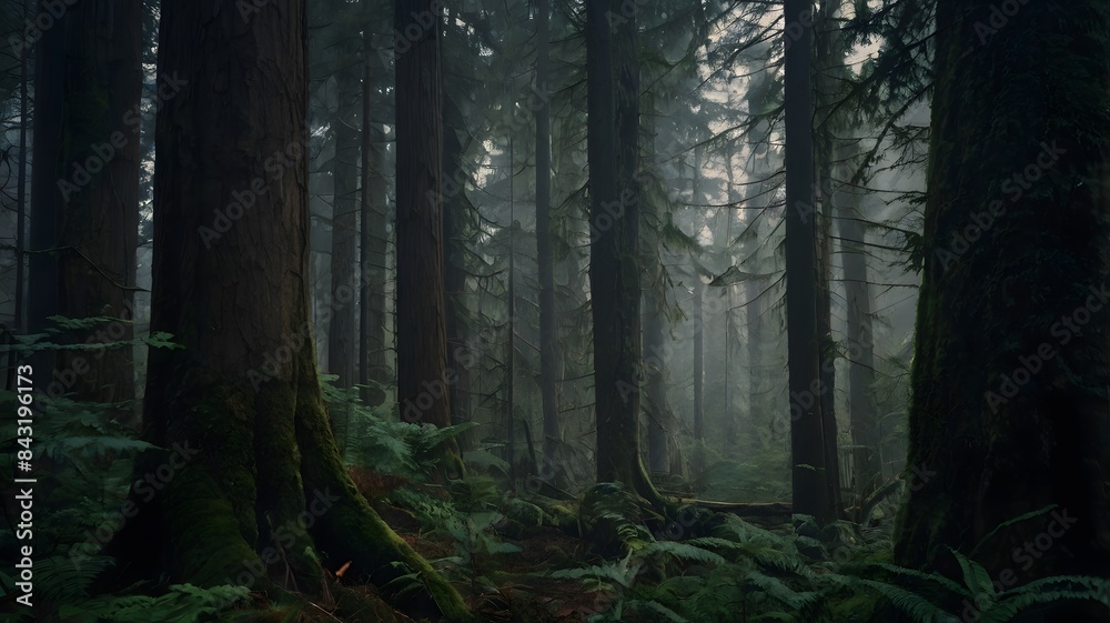 Fototapeta premium Sunlight Breaking Through a Misty Forest