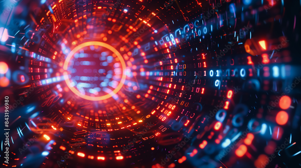 Obraz premium Abstract technology futuristic background with glowing neon lights and numbers. Machine learning algorithms illustration.