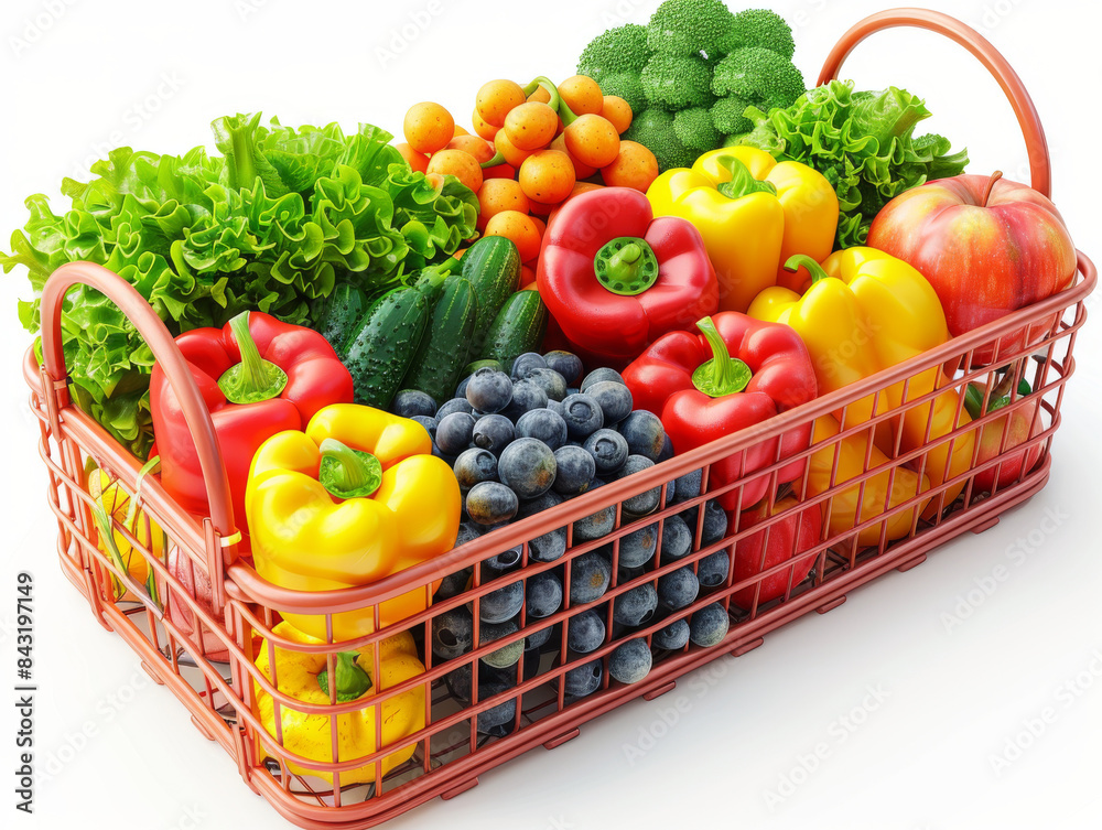 Shopping basket overflowing with fresh fruits and vegetables promoting healthy eating Shopping basket overflowing with fresh fruits and vegetables promoting healthy eating