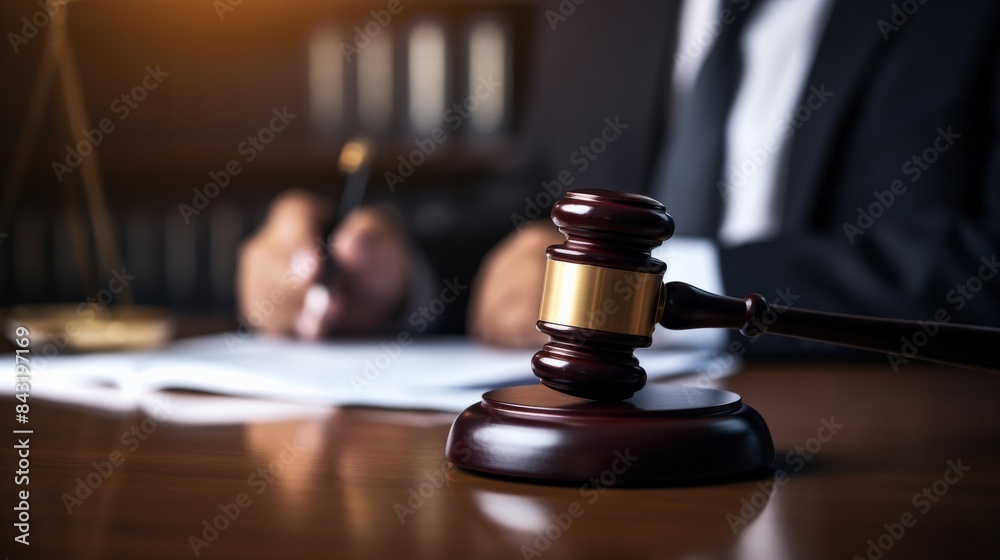 Judge writing in courtroom with gavel on desk, representing law and justice. legal, judiciary, and court themes. Judge writing in courtroom with gavel on desk, representing law and justice. legal, judiciary, and court themes.