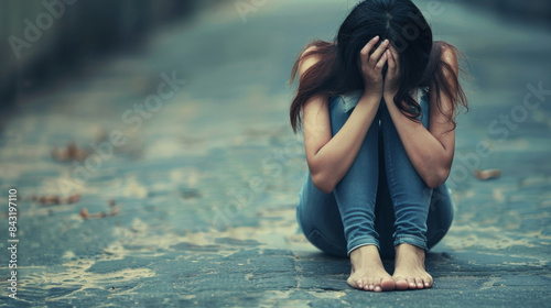 Young woman hiding her face crying desperately in the street photo