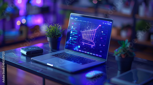 Laptop showing shopping cart icon and graph for ecommerce and online shopping concept