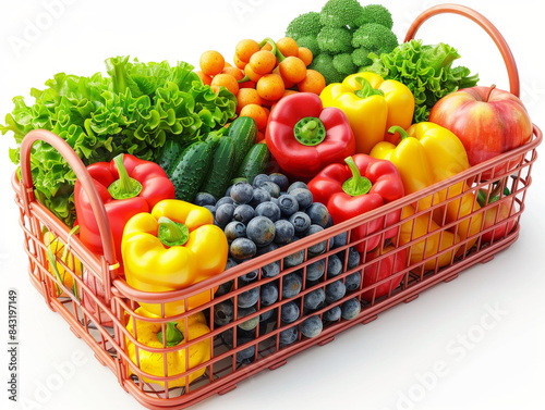 Shopping basket overflowing with fresh fruits and vegetables promoting healthy eating