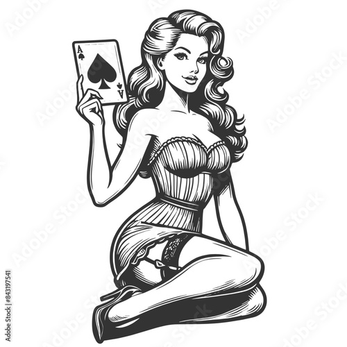 pin-up girl displaying an Ace of Spades card, symbolizing luck and strategy sketch engraving generative ai fictional character vector illustration. Scratch board imitation. Black and white image.