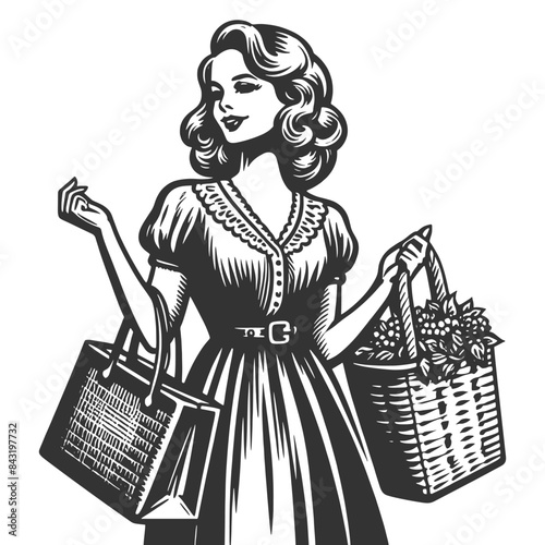woman carrying shopping basket and bag, dressed in vintage clothing with a smile sketch engraving generative ai fictional character vector illustration. Scratch board imitation. Black and white image